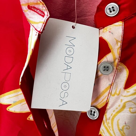 Modaposa Elina 3/4 Sleeve Red Maxi Caftan Dress Detachable Belt & Bird Print - Picture 2 of 5